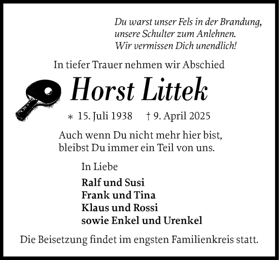 Traueranzeige von Horst Littek von Region Pinneberg und tip Pinneberg