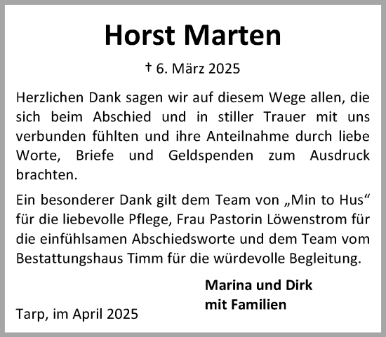 Traueranzeige von Horst Marten von Flensburger Tageblatt