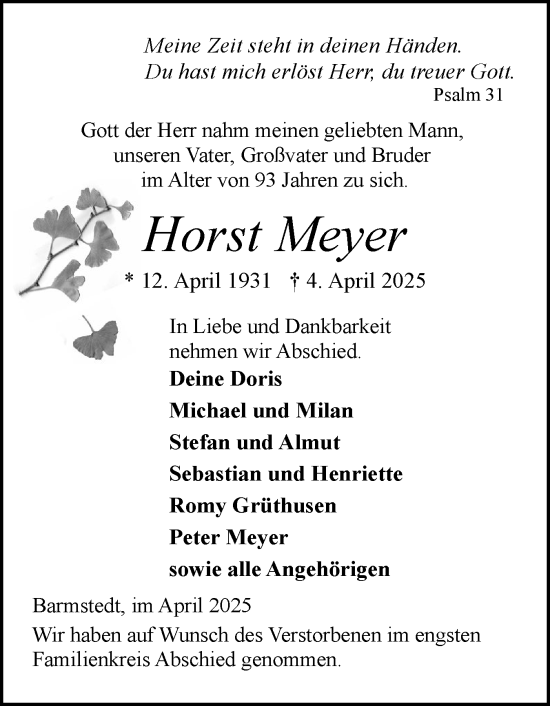 Traueranzeige von Horst Meyer von Elmshorner Nachrichten, Barmstedter Zeitung