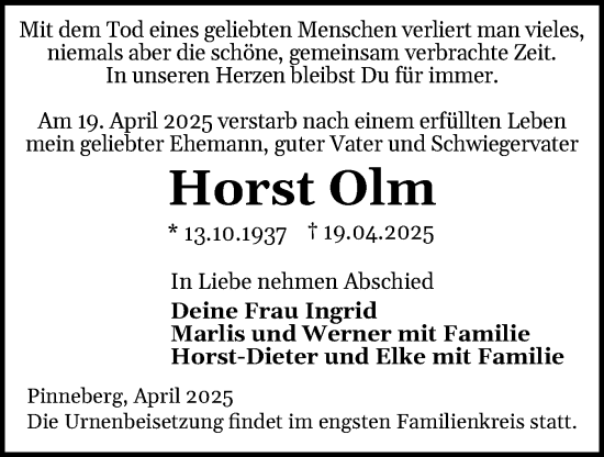 Traueranzeige von Horst Olm von Region Pinneberg und tip Pinneberg