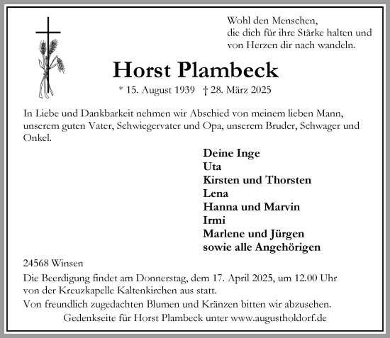 Traueranzeige von Horst Plambeck von Umschau