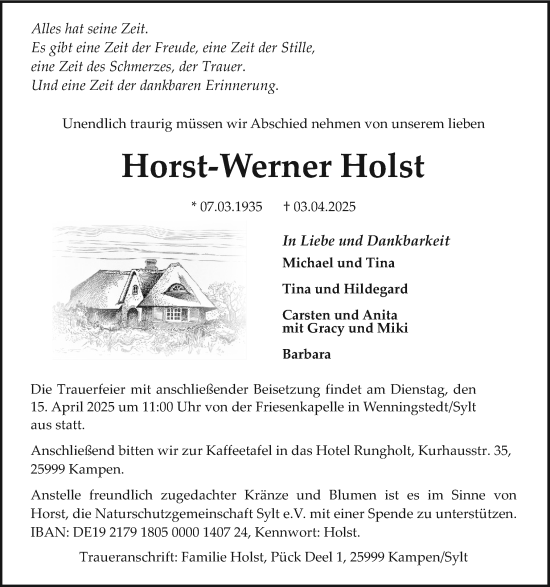 Traueranzeige von Horst-Werner Holst von Sylter Rundschau