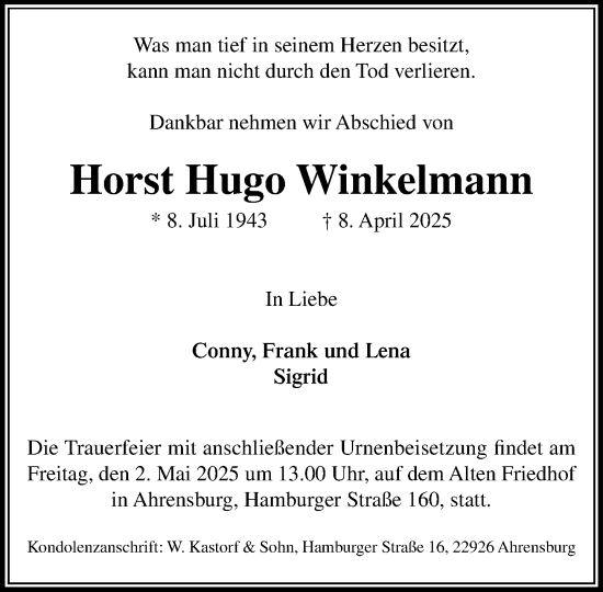 Traueranzeige von Horst  Winkelmann von MARKT Ahrensburg/Bargteheide/Trittau und Stormarner Tageblatt