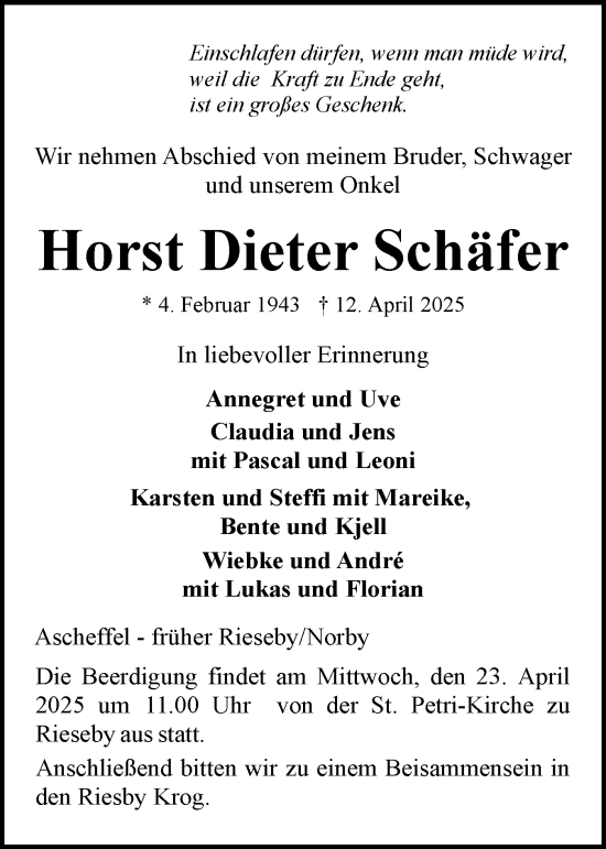 Traueranzeige von Horst Dieter Schäfer von Eckernförder Zeitung, Hallo Eckernförde