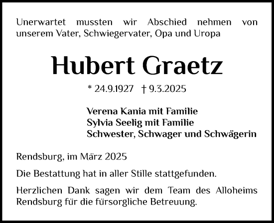 Traueranzeige von Hubert Graetz von Schleswig-Holsteinische Landeszeitung