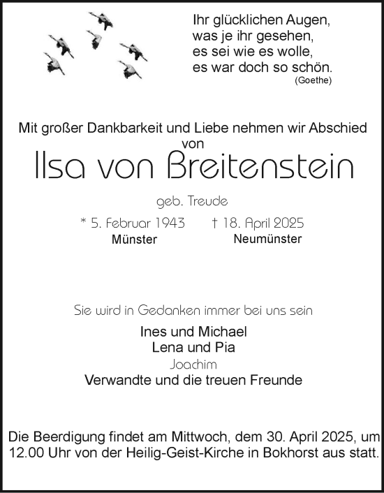 Traueranzeige von Ilsa von Breitenstein von Holsteinischer Courier