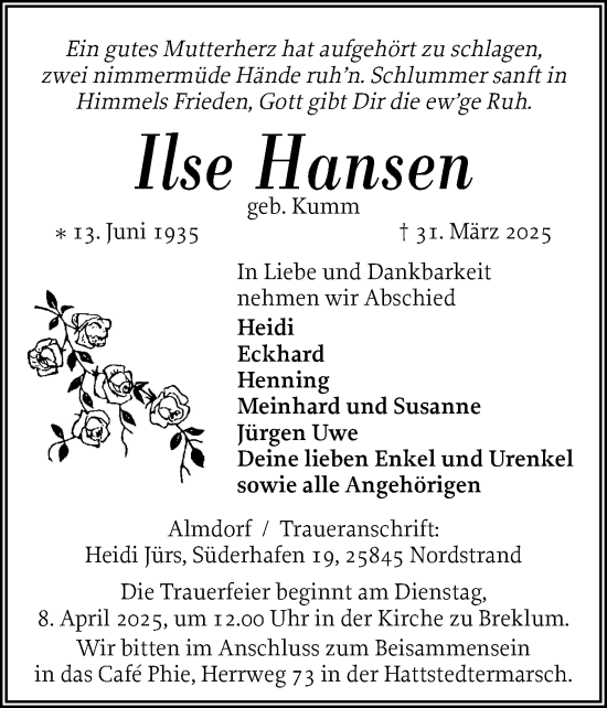 Traueranzeige von Ilse Hansen von Husumer Nachrichten, Nordfriesland Tageblatt