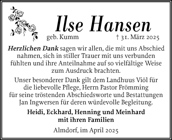 Traueranzeige von Ilse Hansen von Husumer Nachrichten, Nordfriesland Tageblatt