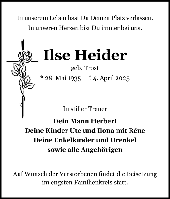 Traueranzeige von Ilse Heider von Region Pinneberg und tip Pinneberg
