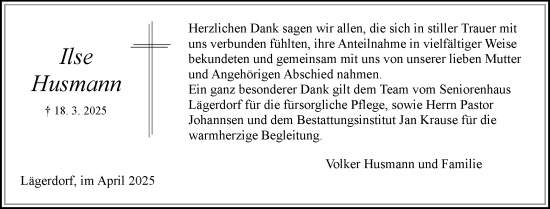 Traueranzeige von Ilse Husmann von Norddeutsche Rundschau, Wilstersche Zeitung, Glückstädter Fortuna