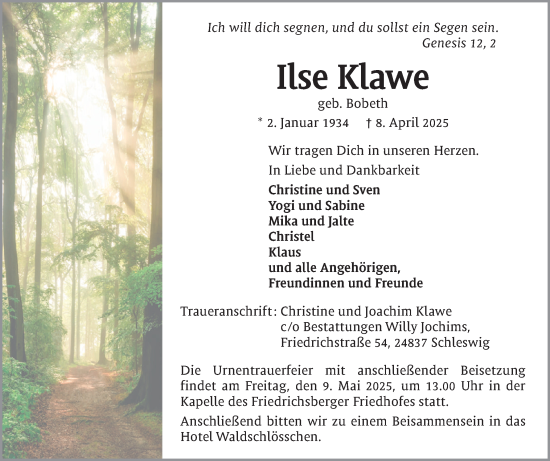 Traueranzeige von Ilse Klawe von Schleswiger Nachrichten, Schlei-Bote