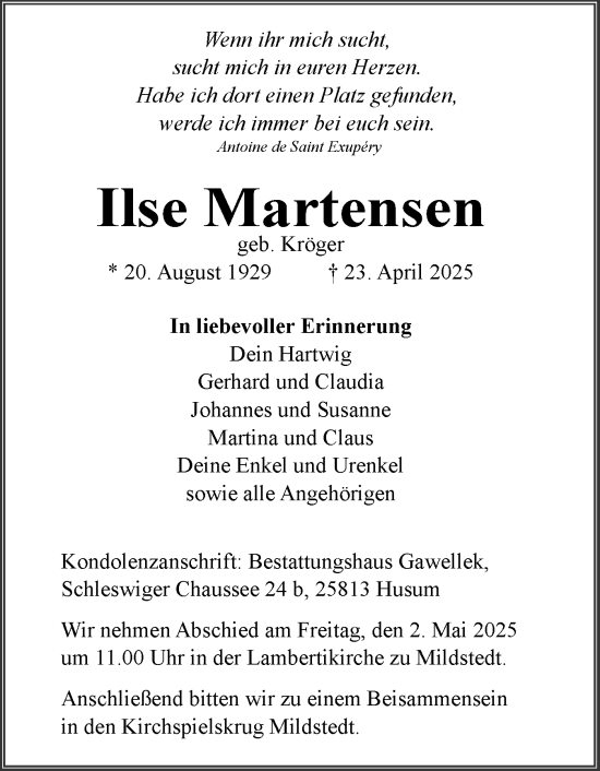 Traueranzeige von Ilse Martensen von Region Flensburg