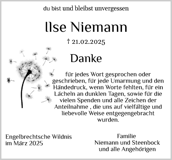 Traueranzeige von Ilse Niemann von Norddeutsche Rundschau, Wilstersche Zeitung, Glückstädter Fortuna