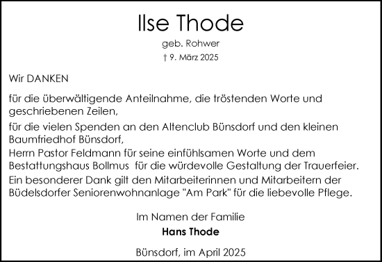 Traueranzeige von Ilse Thode von Schleswig-Holsteinische Landeszeitung