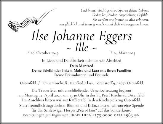 Traueranzeige von Ilse Johanne Eggers von Husumer Nachrichten, Nordfriesland Tageblatt