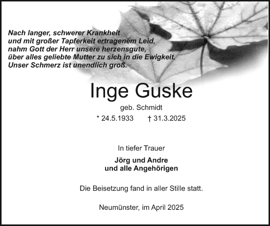 Traueranzeige von Inge Guske von Holsteinischer Courier