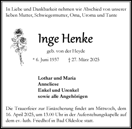 Traueranzeige von Inge Henke von MARKT Bad Oldesloe/Reinfeld und Stormarner Tageblatt