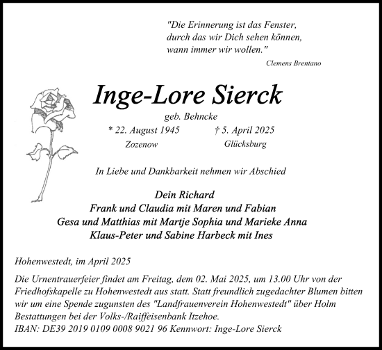 Traueranzeige von Inge-Lore Sierck von Schleswig-Holsteinische Landeszeitung