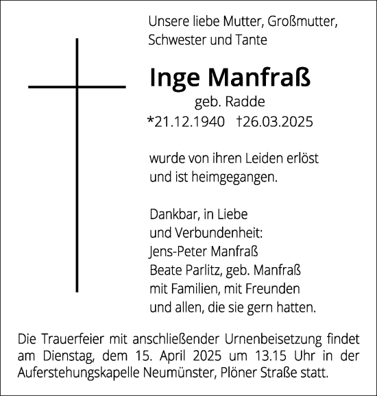 Traueranzeige von Inge Manfraß von Holsteinischer Courier