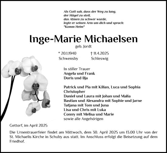Traueranzeige von Inge-Marie Michaelsen von Flensburger Tageblatt, Schleswiger Nachrichten, Schlei-Bote