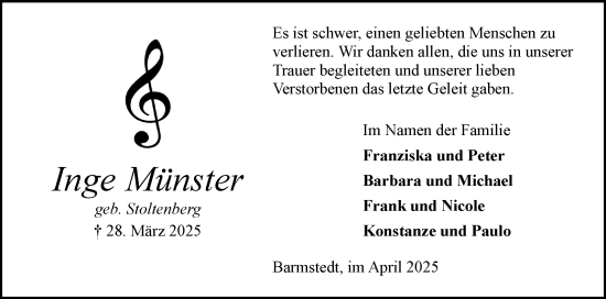 Traueranzeige von Inge Münster von Elmshorner Nachrichten, Barmstedter Zeitung