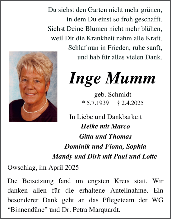 Traueranzeige von Inge Mumm von Schleswig-Holsteinische Landeszeitung