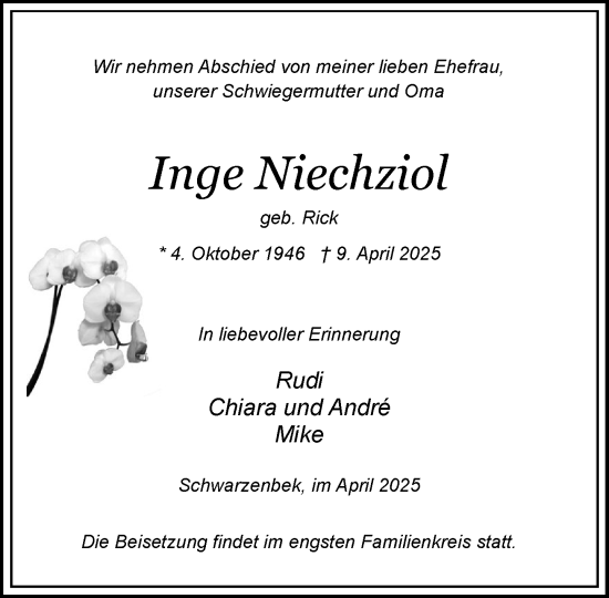 Traueranzeige von Inge Niechziol von Wochenend Anzeiger