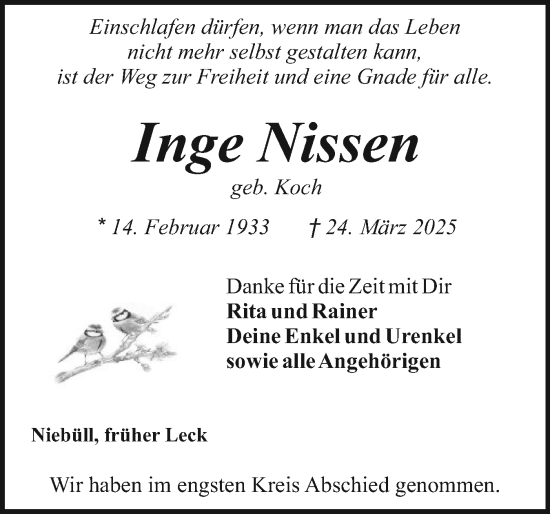 Traueranzeige von Inge Nissen von Die WochenSchau Gesamtausgabe
