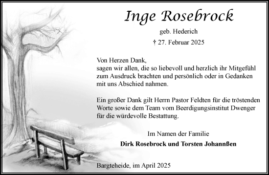 Traueranzeige von Inge Rosebrock von MARKT Ahrensburg/Bargteheide/Trittau und Stormarner Tageblatt