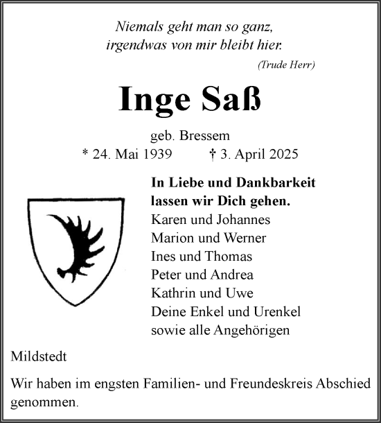 Traueranzeige von Inge Saß von Husumer Nachrichten, Nordfriesland Tageblatt