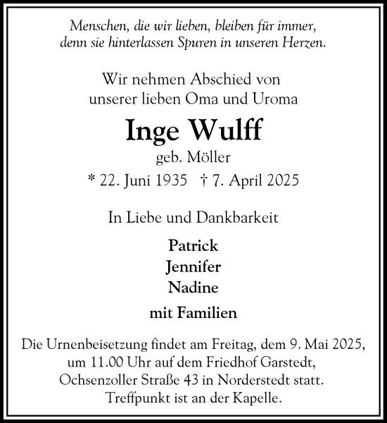 Traueranzeige von Inge Wulff von Heimatspiegel