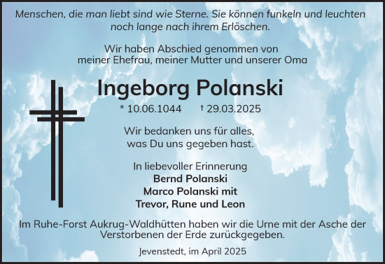Traueranzeige von Ingeborg Polanski von Schleswig-Holsteinische Landeszeitung