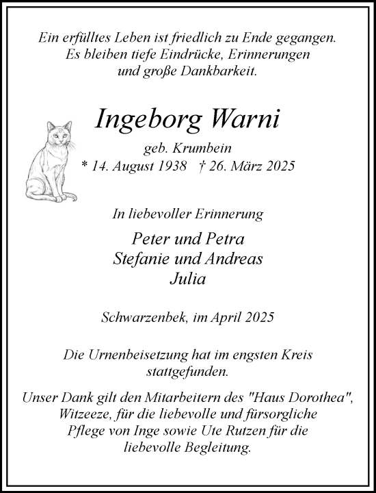Traueranzeige von Ingeborg Warni von Wochenend Anzeiger