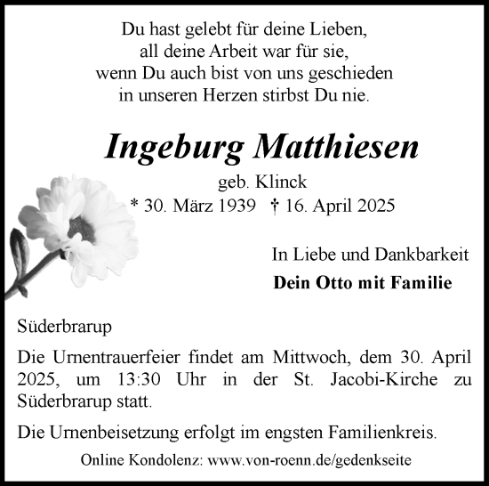 Traueranzeige von Ingeburg Matthiesen von Schleswiger Nachrichten, Schlei-Bote, Eckernförder Zeitung