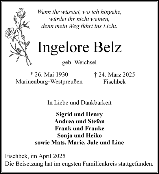 Traueranzeige von Ingelore Belz von MARKT Ahrensburg/Bargteheide/Trittau und Stormarner Tageblatt