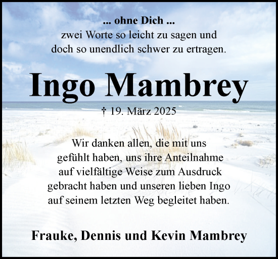 Traueranzeige von Ingo Mambrey von Eckernförder Zeitung, Hallo Eckernförde