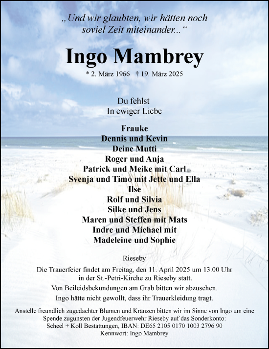 Traueranzeige von Ingo Mambrey von Eckernförder Zeitung