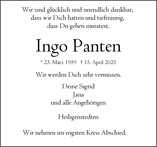 Traueranzeige von Ingo Panten von Norddeutsche Rundschau, Wilstersche Zeitung, Glückstädter Fortuna