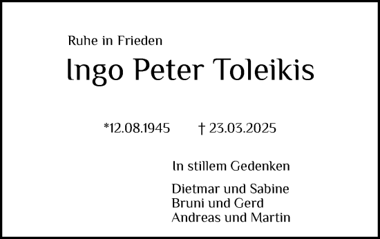 Traueranzeige von Ingo Peter Toleikis von Digitale Anzeige