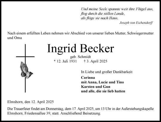 Traueranzeige von Ingrid Becker von Elmshorner Nachrichten, Barmstedter Zeitung