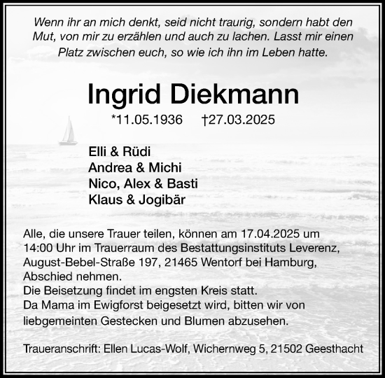 Traueranzeige von Ingrid Diekmann von Wochenend Anzeiger