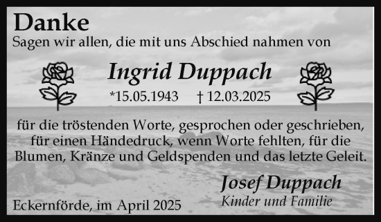 Traueranzeige von Ingrid Duppach von Eckernförder Zeitung