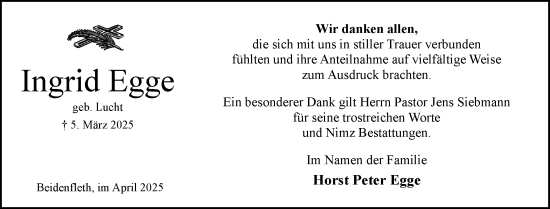 Traueranzeige von Ingrid Egge von Norddeutsche Rundschau, Wilstersche Zeitung, Glückstädter Fortuna