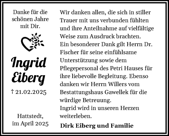 Traueranzeige von Ingrid Eiberg von Husumer Nachrichten, Nordfriesland Tageblatt