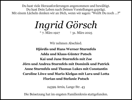 Traueranzeige von Ingrid Görsch von Schleswiger Nachrichten, Schlei-Bote