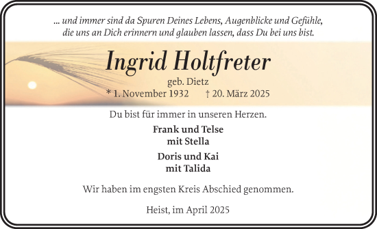 Traueranzeige von Ingrid Holtfreter von Uetersener Nachrichten, Der tip am Wochenende