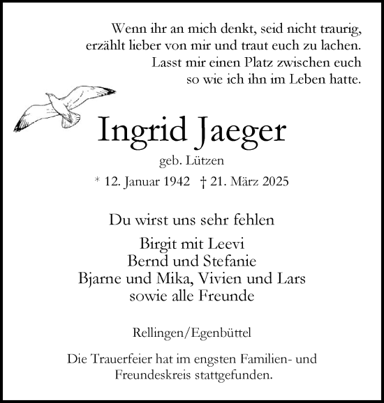 Traueranzeige von Ingrid Jaeger von Region Pinneberg und tip Pinneberg