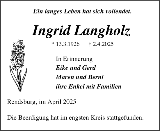 Traueranzeige von Ingrid Langholz von Schleswig-Holsteinische Landeszeitung