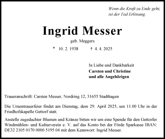 Traueranzeige von Ingrid Messer von Eckernförder Zeitung, Hallo Eckernförde