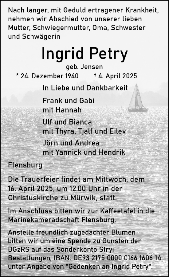 Traueranzeige von Ingrid Petry von Flensburger Tageblatt
